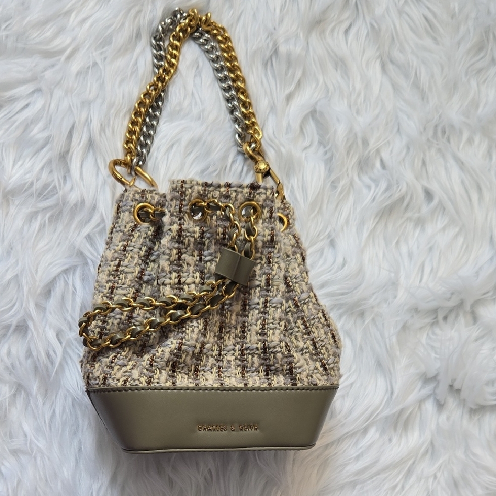 Charles & Keith Tweed Bucket Bag - Gold and Cream